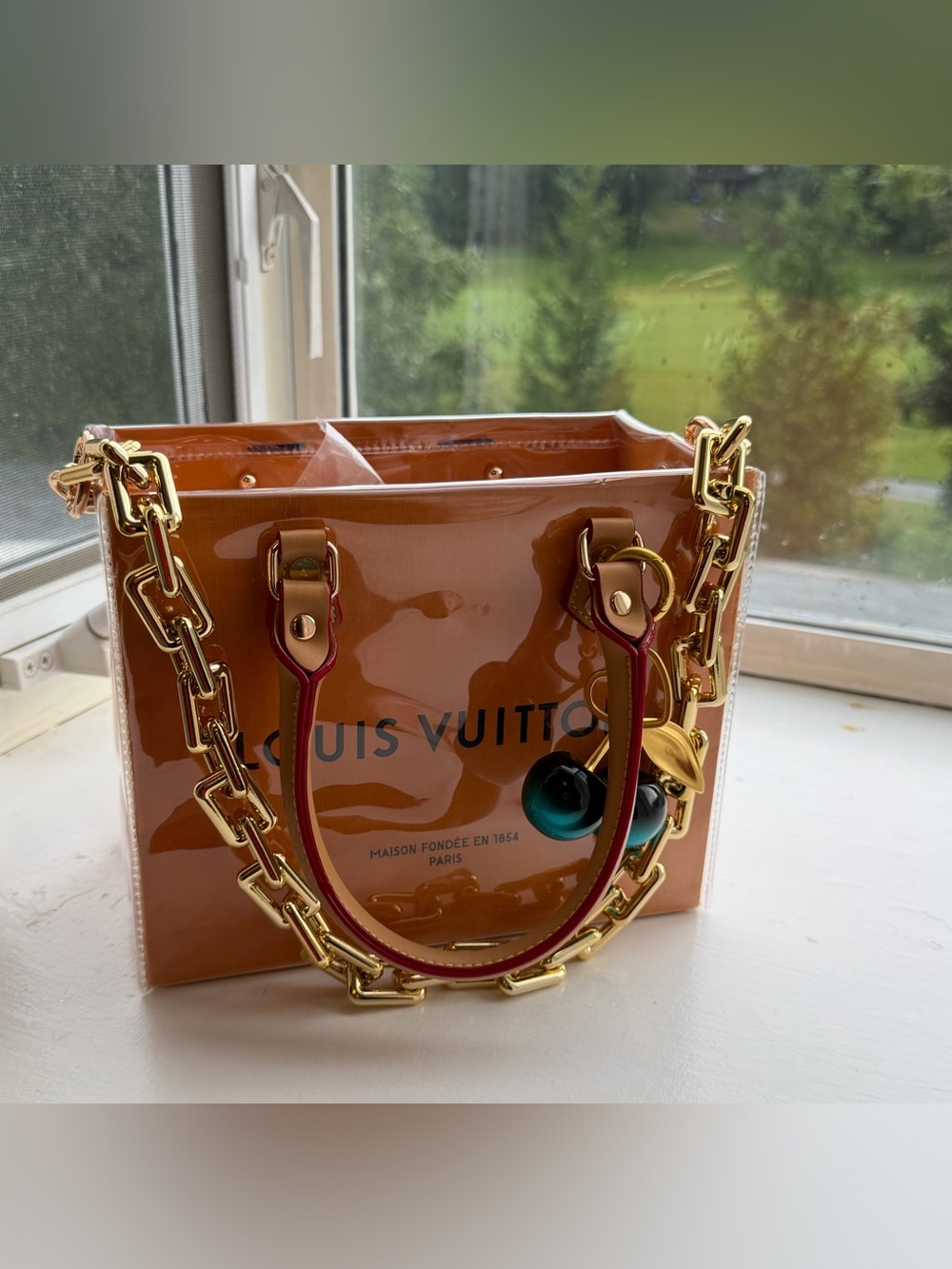 Louis Vuitton PVC wrap paper gift bag Gold Chain double charms shoulder strap